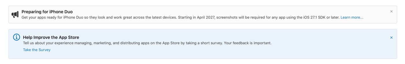 App Store Connect banners: “Preparing for iPhone Duo” and “Help Improve the App Store”